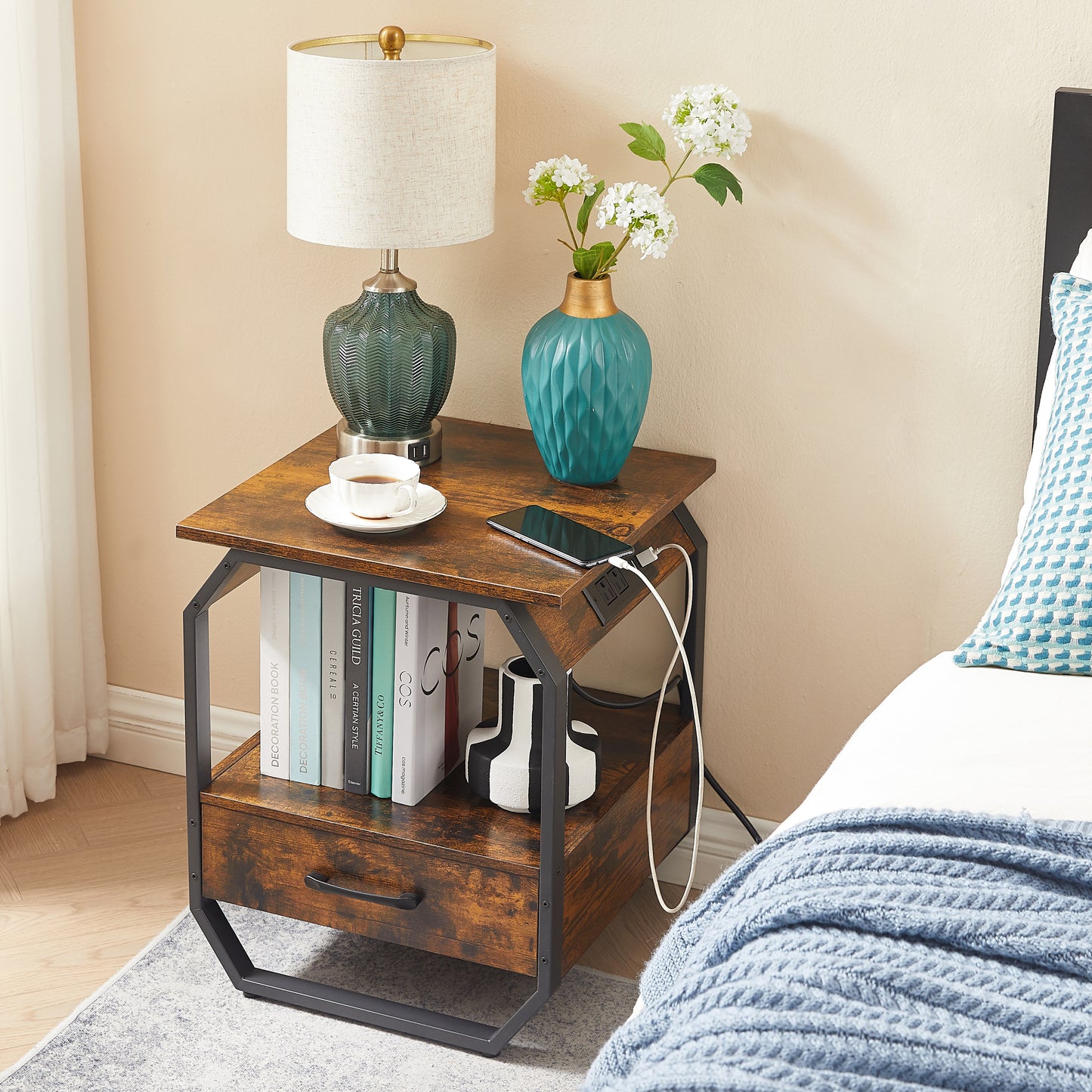 End Table with Charging Station, Drawers & Bedside Functionality for Bedroom - Rustic Brown, 17.3’’W*17.9’’D*21.2’’H