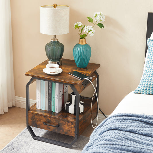 End Table with Charging Station, Drawers & Bedside Functionality for Bedroom - Rustic Brown, 17.3’’W*17.9’’D*21.2’’H