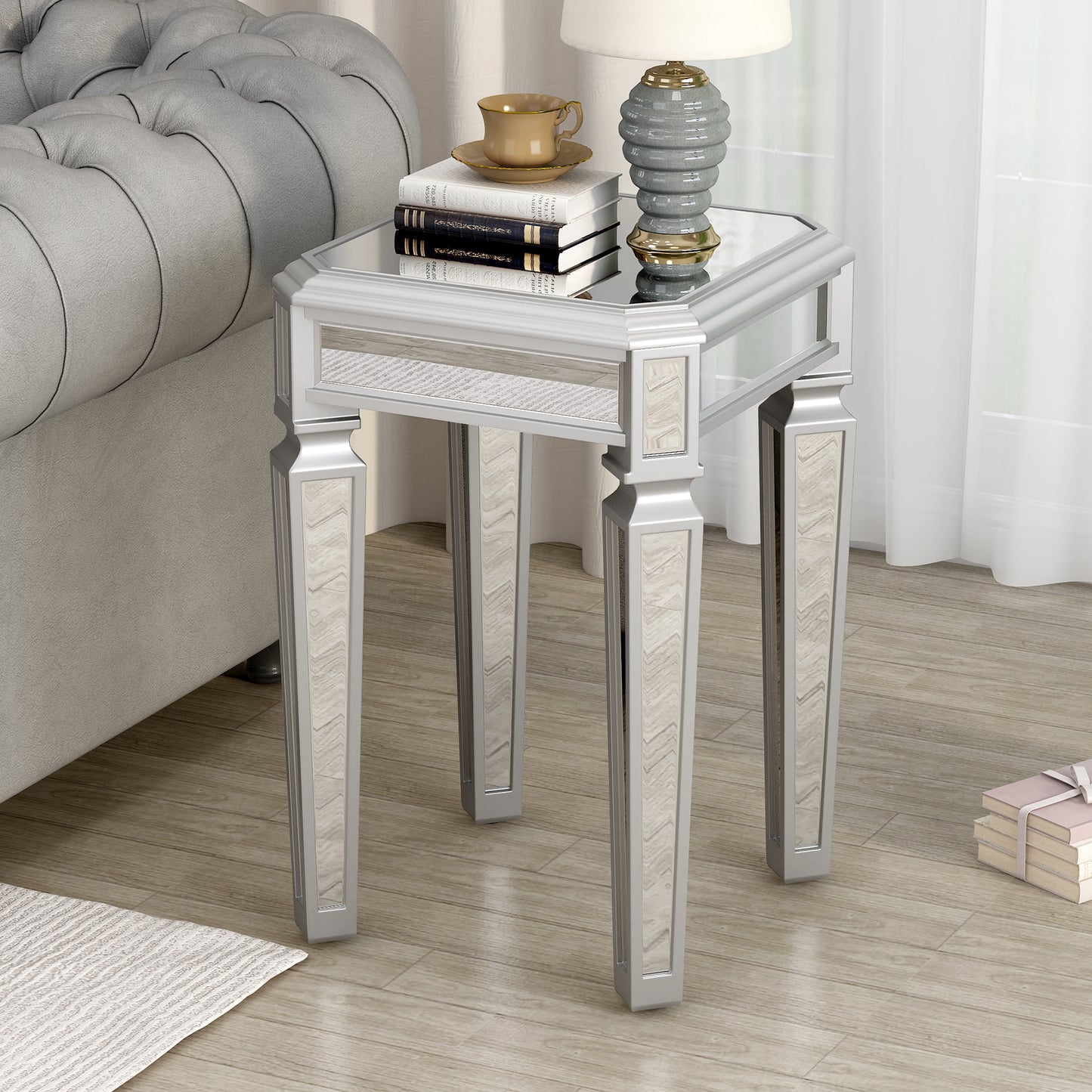 ON-TREND Modern Glass Mirrored End Table with Versatile Design, Easy Assembly Side Table, Luxury Exterior, Sleek Corner Table with Adjustable Legs for Living Room, Bedroom, Silver