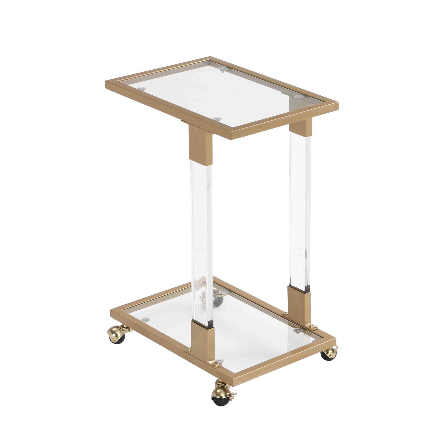 Golden Side Table, Acrylic Sofa Table, Glass Top C Shape Square Table with Metal Base for Living Room, Bedroom, Balcony Home and Office