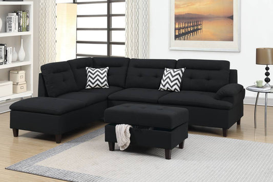 Living Room Furniture: Black Cushion Sectional with Ottoman in Linen-Like Fabric - Sofa Chaise