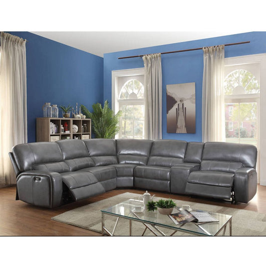 Saul Sectional Sofa: Power Motion & USB, Gray Leather-Aire Finish, 53745