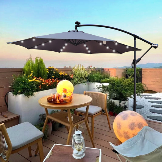 10 ft Outdoor Patio Umbrella with Solar Powered LED Lights, Waterproof, 8 Ribs, Crank and Cross Base for Garden, Deck, Backyard, Pool Shade - Black