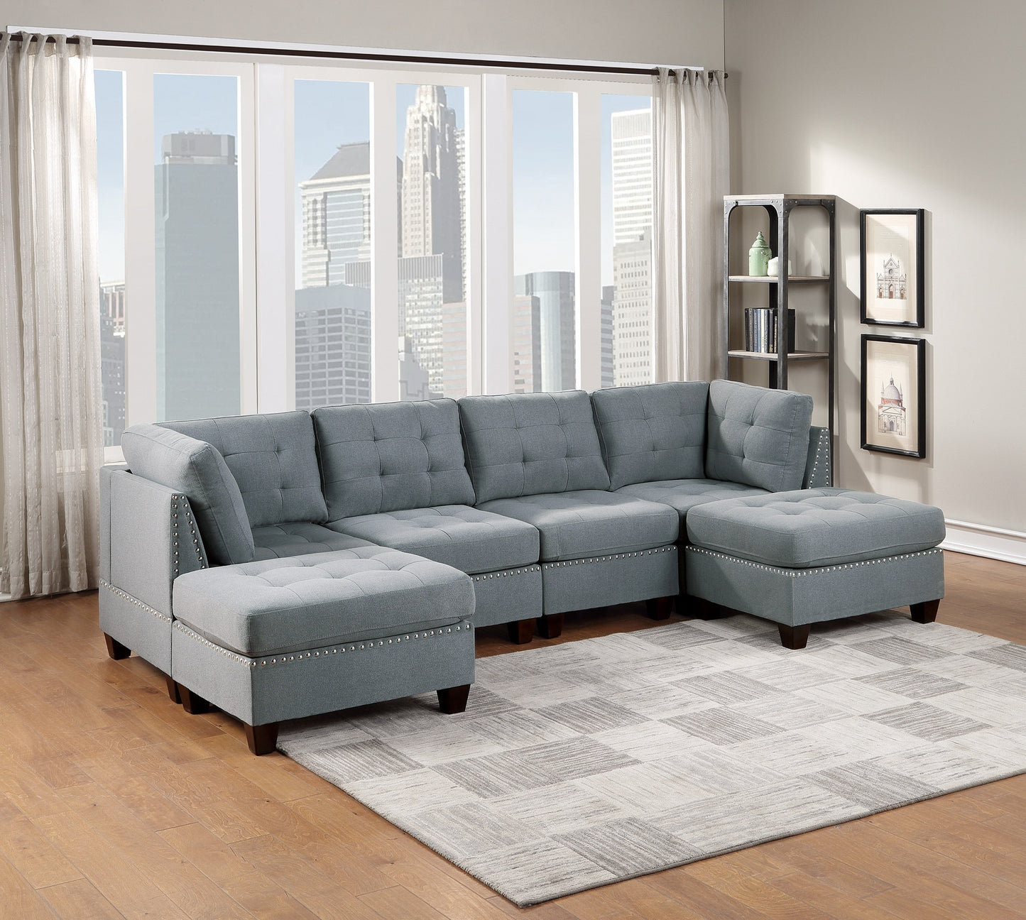 Modular Sectional 6pc Set Living Room Furniture - U-Sectional Tufted Nail Heads Couch in Gray Linen-Like Fabric with 2x Corner Wedge, 2x Armless Chairs, and 2x Ottomans