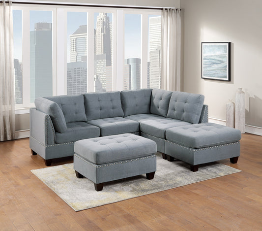 Modular Sectional 6pc Set Living Room Furniture - L-Sectional Gray Linen Like Fabric Tufted Nail heads - Corner Wedge, Armless Chairs, Ottomans