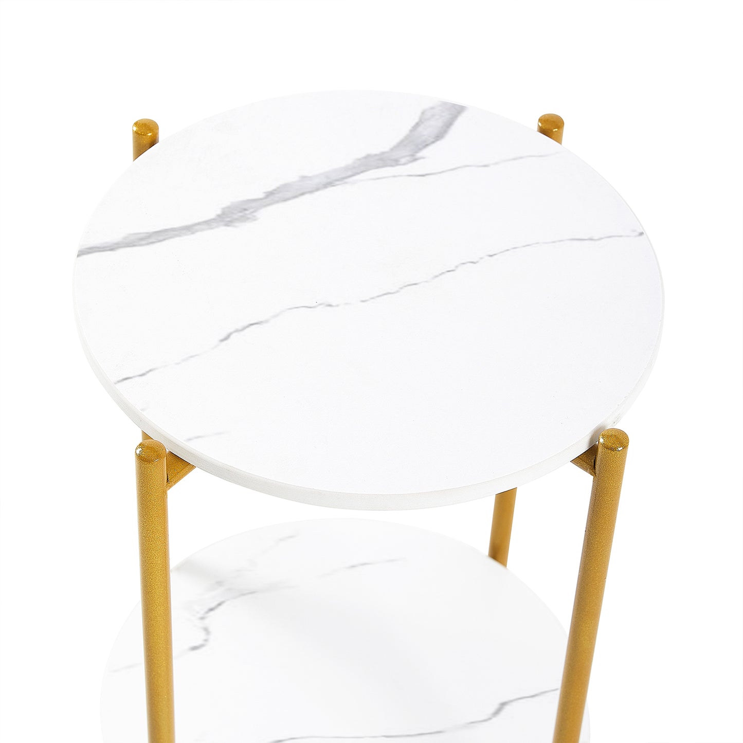 2-Layer End Table with Marble Tabletop, Round Coffee Table, Golden Metal Frame for Bedroom, Living Room, Office - White, 1 Piece