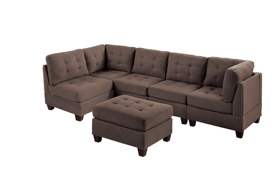 Contemporary Modular Sectional 6pc Set Living Room Furniture - Black Coffee Linen Like Fabric - Tufted Nail heads - Corner Sectional - 2x Corner Wedge - 2x Armless Chair - 1x Ottoman