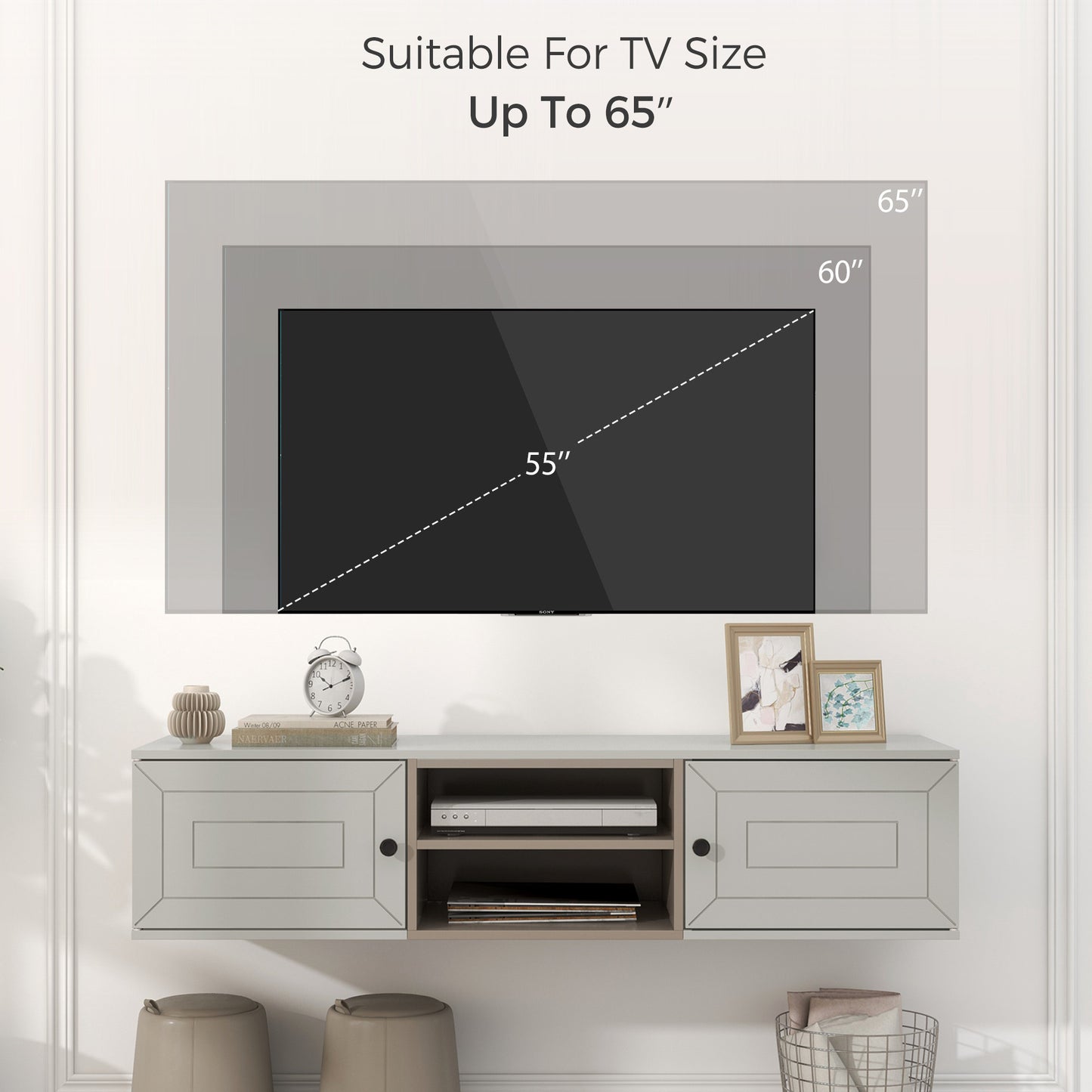 Wall Mounted 60" Floating TV Stand with Large Storage Space, Adjustable Shelves, Magnetic Cabinet Door, Cable Management - Stylish and Functional Entertainment Solution