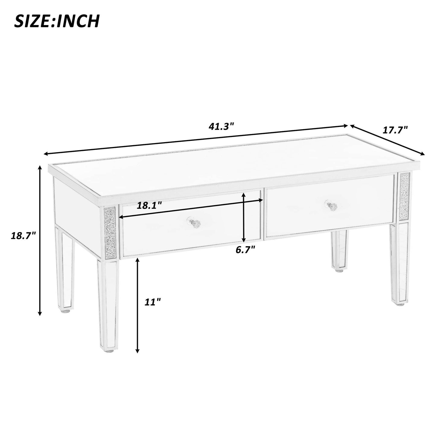 ON-TREND Glass Mirrored Coffee Table with 2 Drawers, Crystal Handles & Adjustable Height Legs for Living Room, Silver