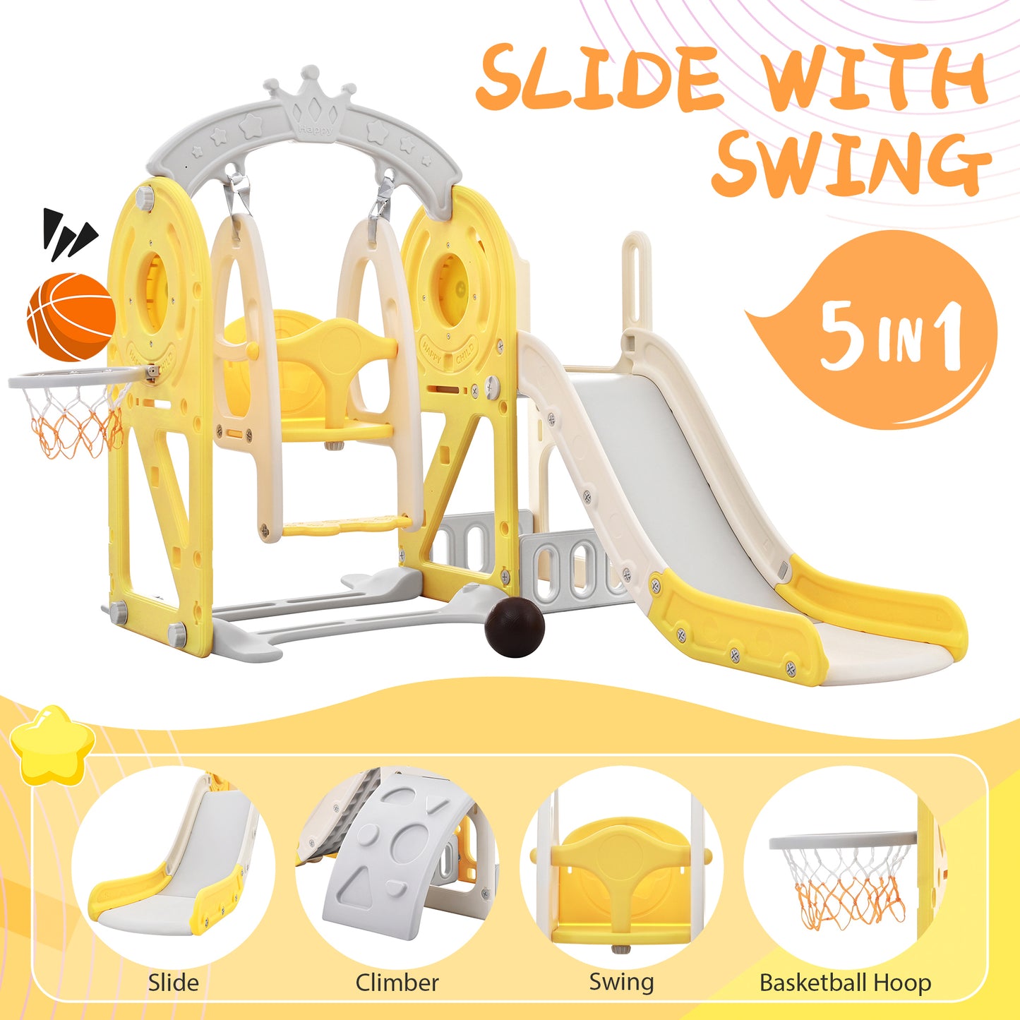 Toddler Slide and Swing Set 5 in 1: Kids Playground Climber Slide Playset with Basketball Hoop. Freestanding Combination for Babies, Indoor & Outdoor.