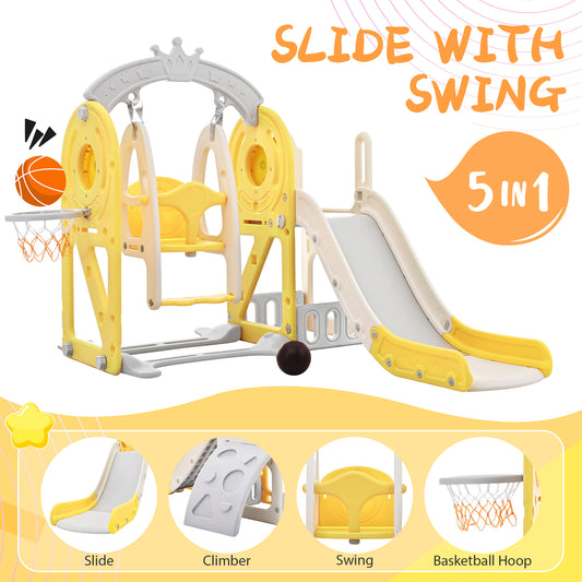 Toddler Slide and Swing Set 5 in 1: Kids Playground Climber Slide Playset with Basketball Hoop. Freestanding Combination for Babies, Indoor & Outdoor.