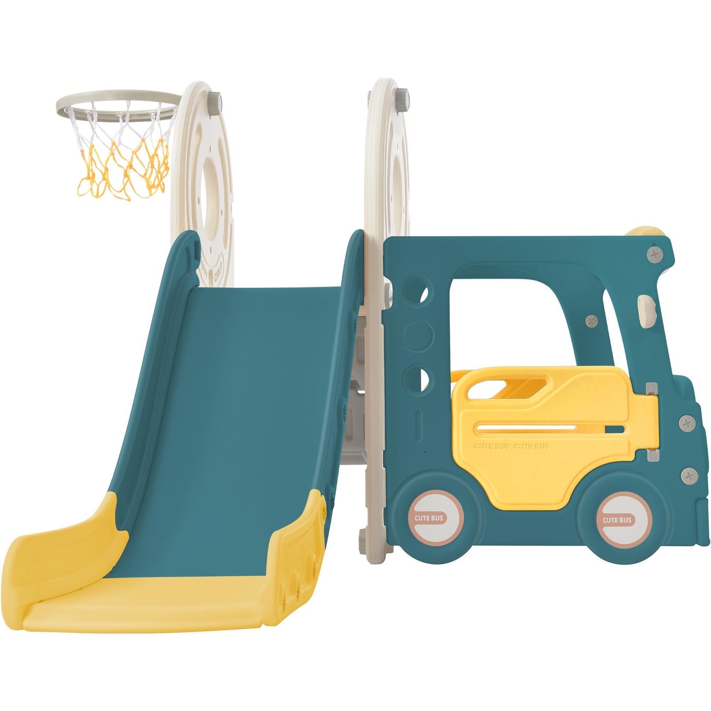 Kids Slide with Bus Play Structure, Freestanding Toy for Toddlers, Slide Set with Basketball Hoop - Fun Slide for Active Play, Includes Bus Theme Features, Suitable for Indoor and Outdoor Use, Available in Various Colors and Sizes