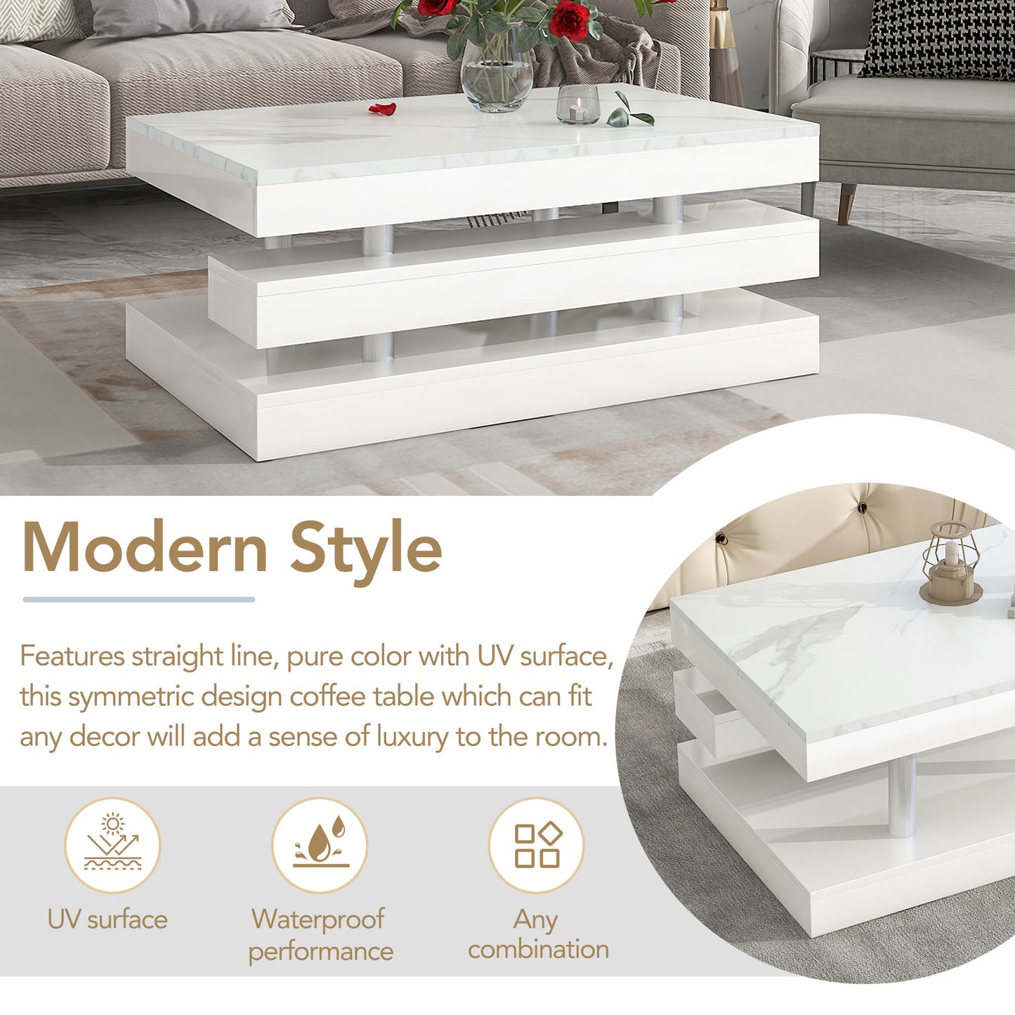 ON-TREND 2-Tier Coffee Table: Silver Metal Legs, Rectangle Cocktail Table with High-gloss UV Surface, Minimalist Design Center Table for Living Room, White