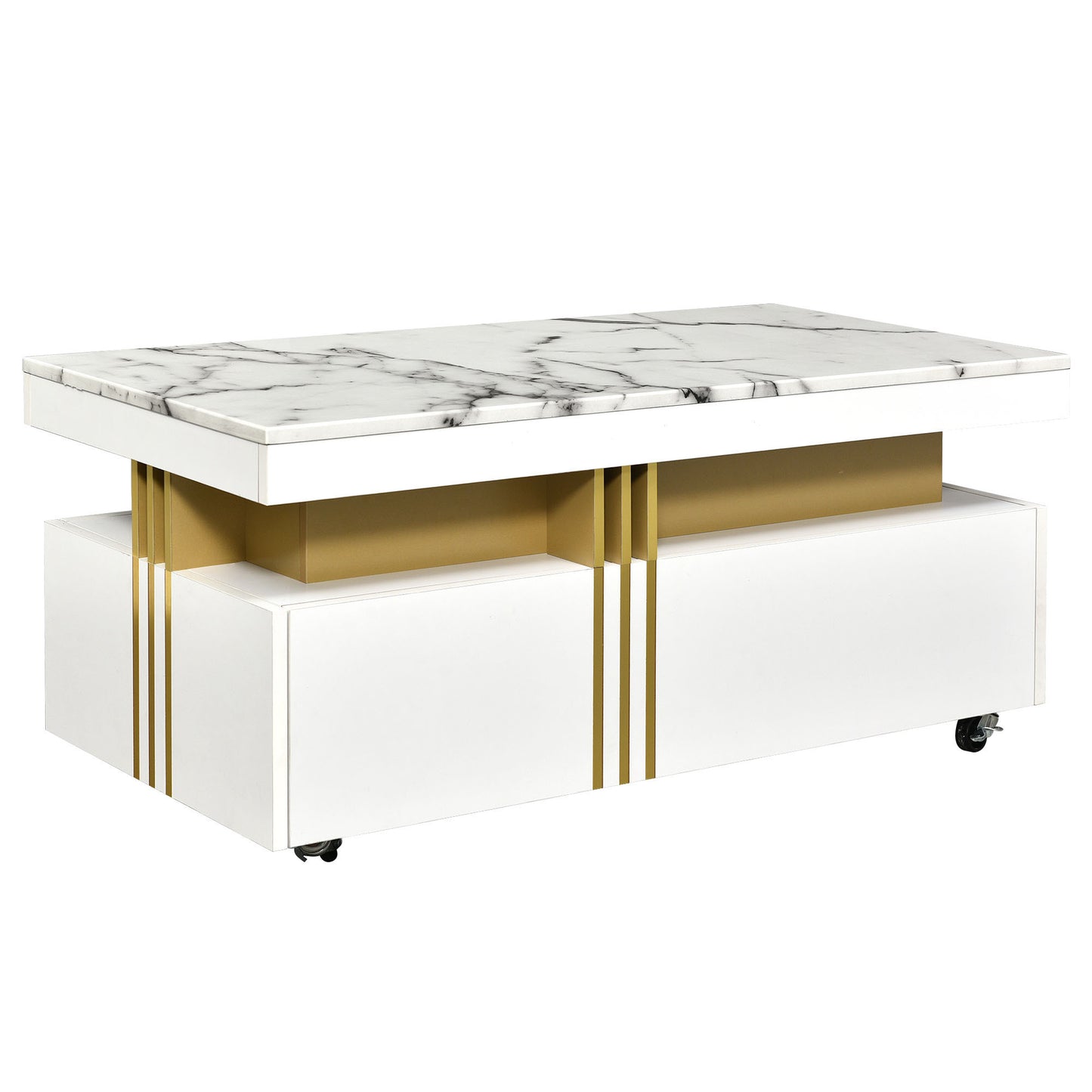 ON-TREND Contemporary Coffee Table, Rectangle Cocktail Table with Caster Wheels, Moderate Luxury Center Table with Gold Metal Bars, White Faux Marble Top, for Living Room