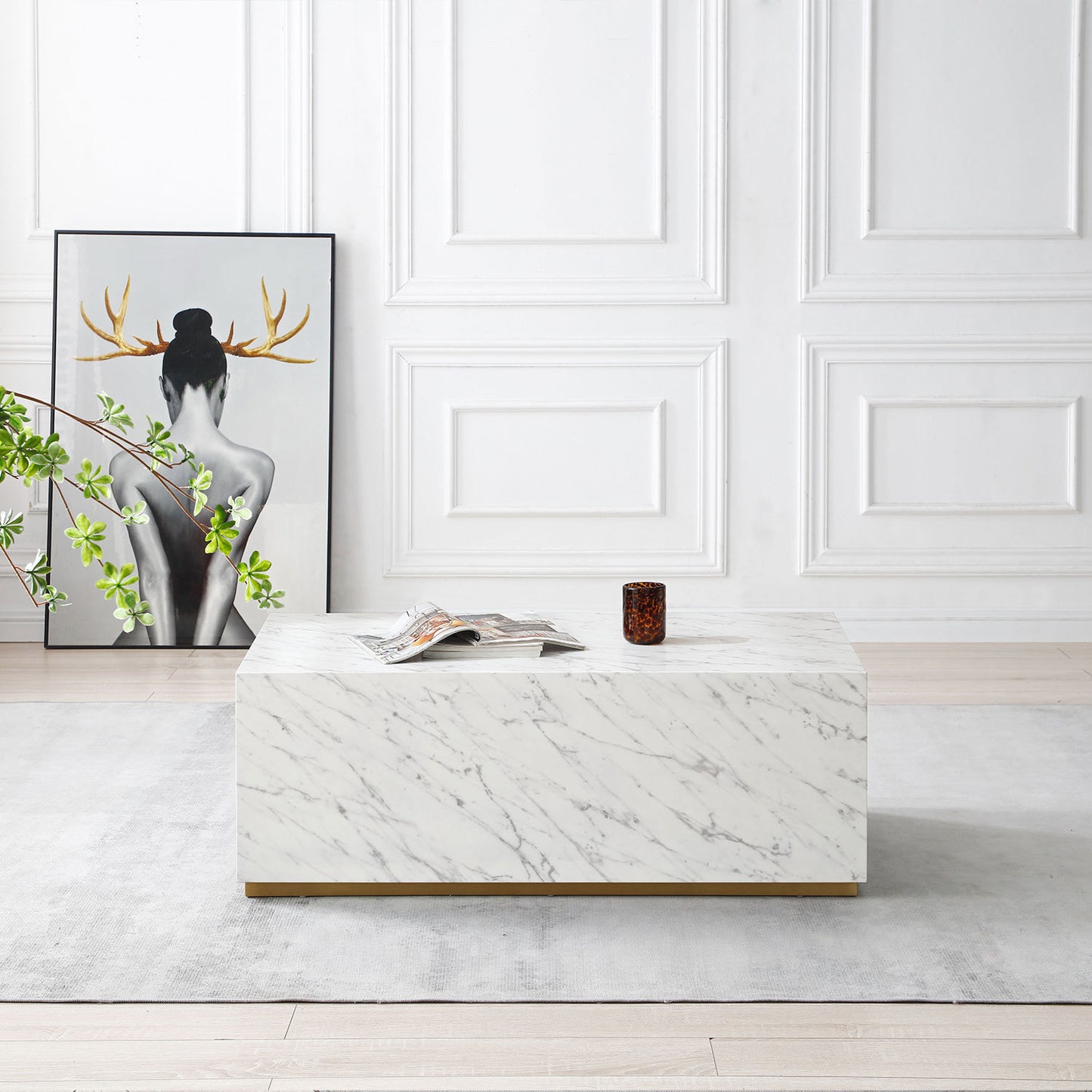 White Marble MDF Coffee Table: Rectangular End Table for Living Room/Waiting Area | 43.31"L X 23.62"W X 15.75"H