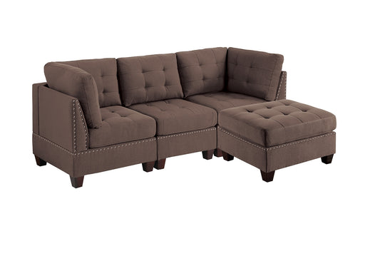 Modular Sectional 4pc Set Living Room Furniture, Black Coffee L-Sectional in Linen-Like Fabric with Tufted Nailheads, 2x Corner Wedge, 1x Armless Chair, and 1x Ottoman