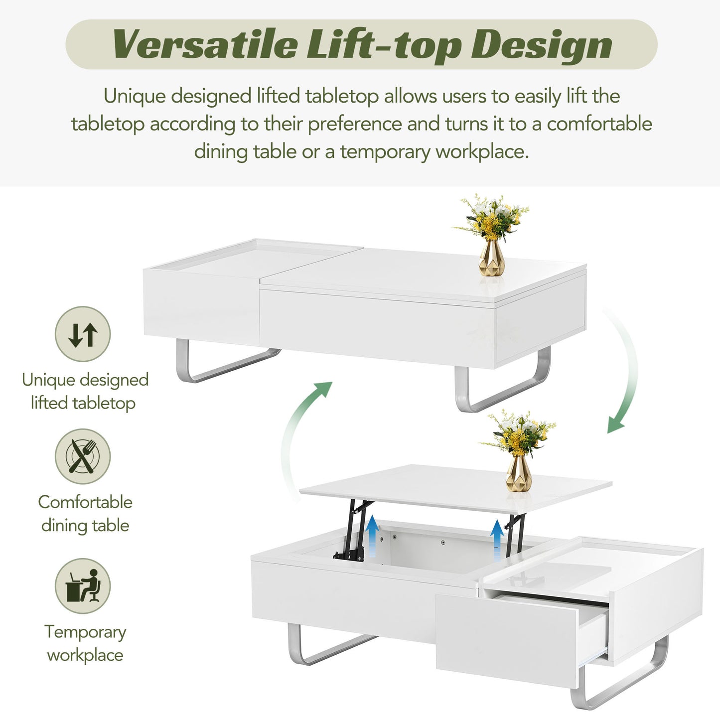 ON-TREND Multi-functional Coffee Table with Lifted Tabletop, Metal Frame Legs, High-gloss Surface, White