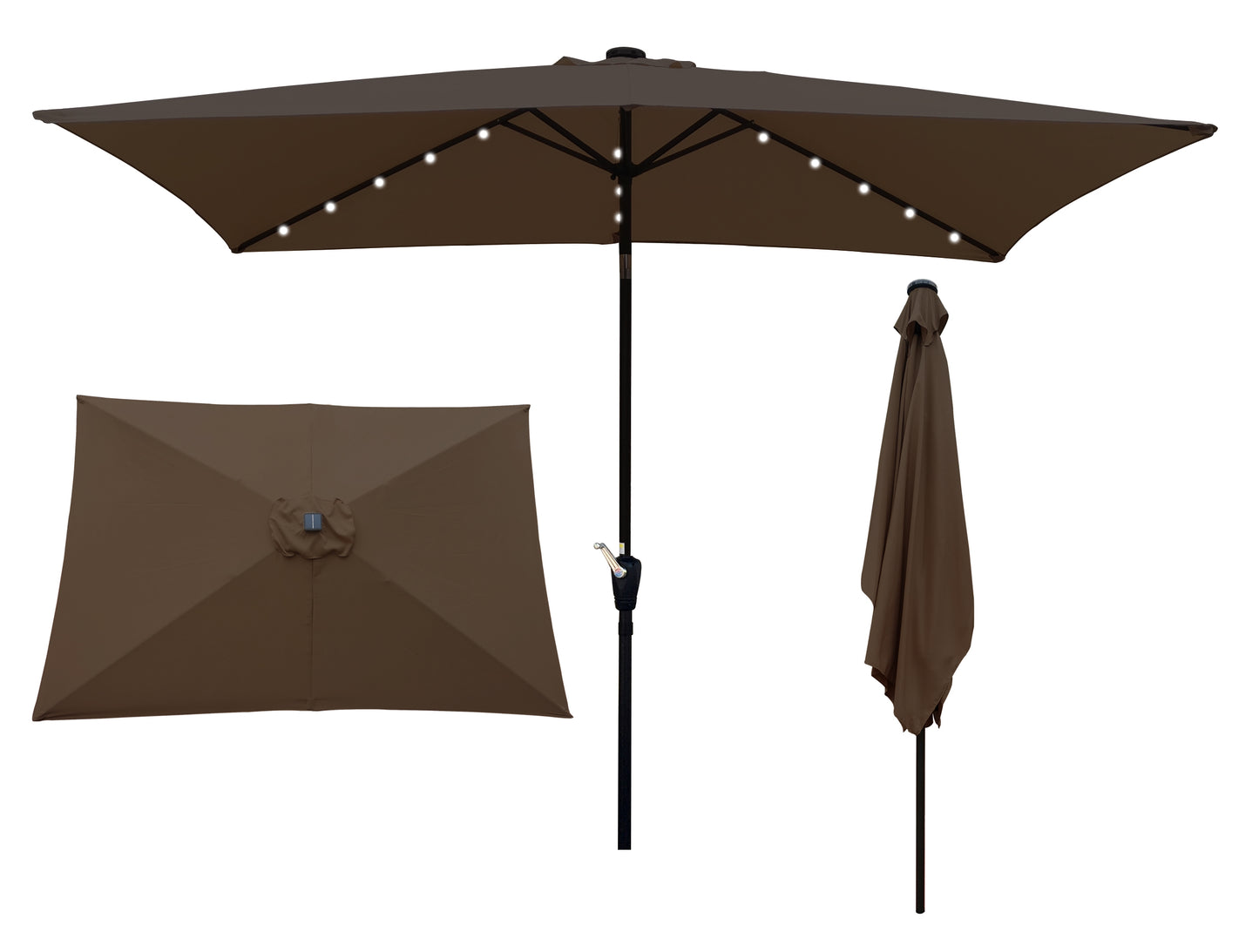 10 x 6.5t Rectangular Patio Umbrella - Solar LED Lighted Outdoor Market Table Waterproof Umbrellas - Crank, Push Button Tilt - Garden Deck Backyard Pool Shade - Outside Deck Swimming Pool - Black