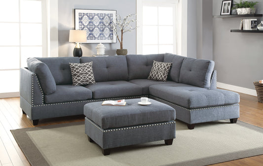 3-Pcs Blue Grey Polyfiber Cushion Sectional Sofa with Chaise Ottoman - Reversible Couch Pillows