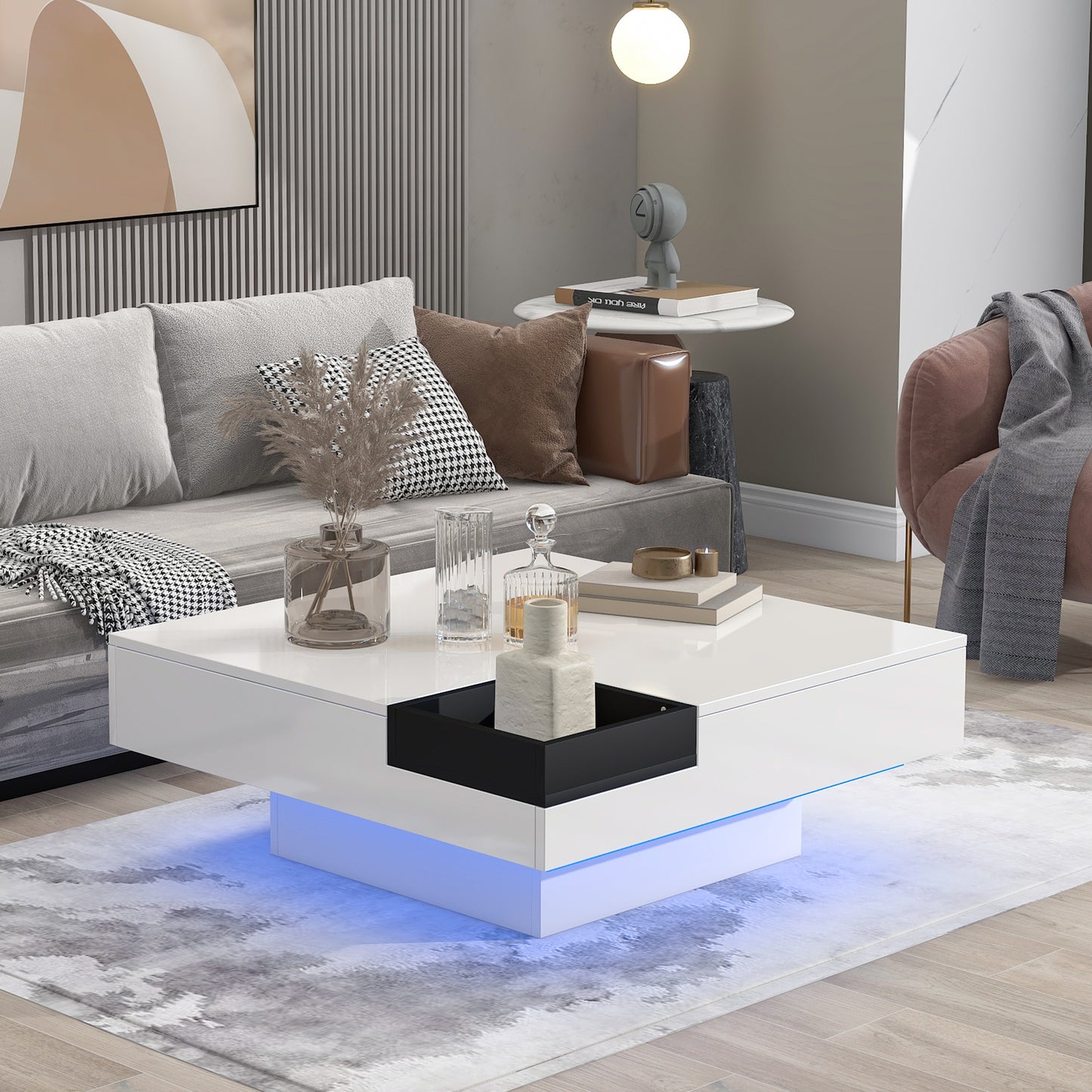 ON-TREND Modern Minimalist Design Square Coffee Table with Detachable Tray & Plug-in LED Strip Lights Remote Control for Living Room - 31.5*31.5in, 16-color