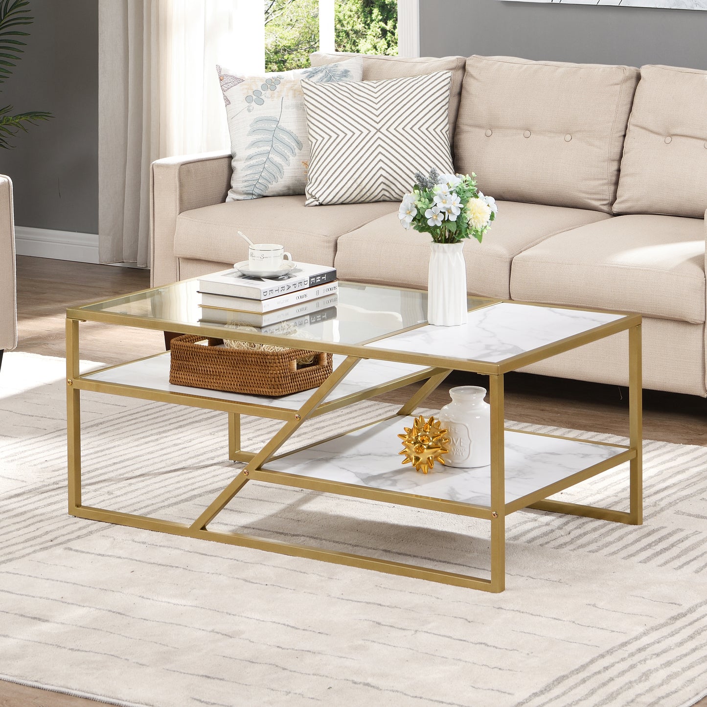 Golden Coffee Table with Storage Shelf - Tempered Glass & Metal Frame - Ideal for Living Room & Bedroom - Stylish and Functional Furniture for Home Décor - Available in Various Sizes and Colors