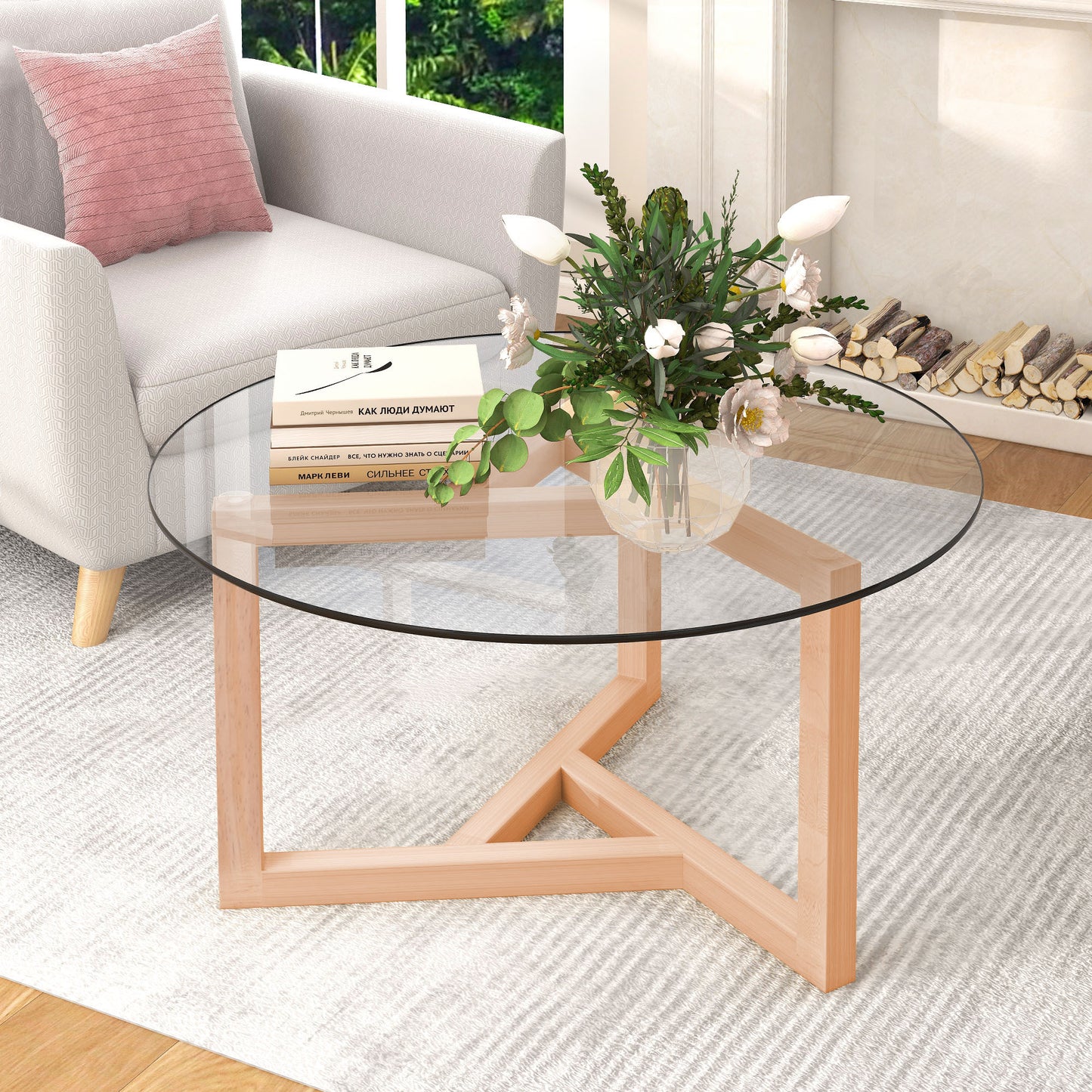 ON-TREND Round Glass Coffee Table with Tempered Glass Top & Sturdy Wood Base, Natural - Modern Cocktail Table, Easy Assembly,  (WF190112AAL)