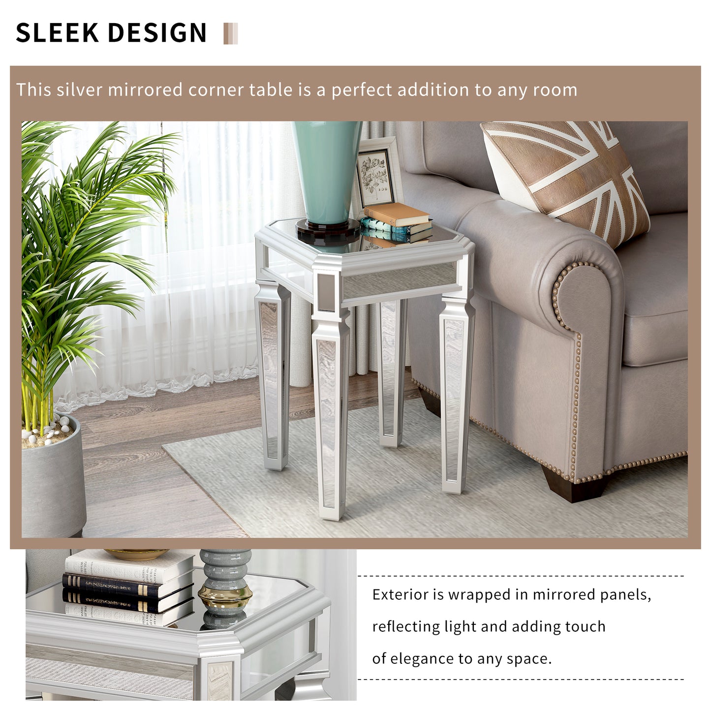 ON-TREND Modern Glass Mirrored End Table with Versatile Design, Easy Assembly Side Table, Luxury Exterior, Sleek Corner Table with Adjustable Legs for Living Room, Bedroom, Silver