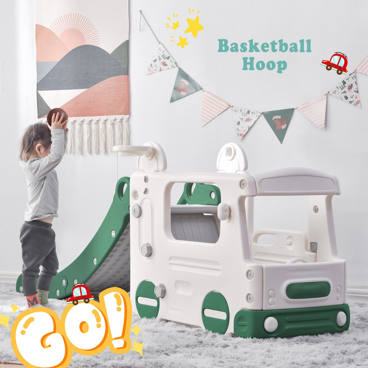 Kids Slide with Bus Play Structure Climber, Freestanding, Basketball Hoop, Slide Set - Ideal for Toddlers, Indoor & Outdoor Fun!