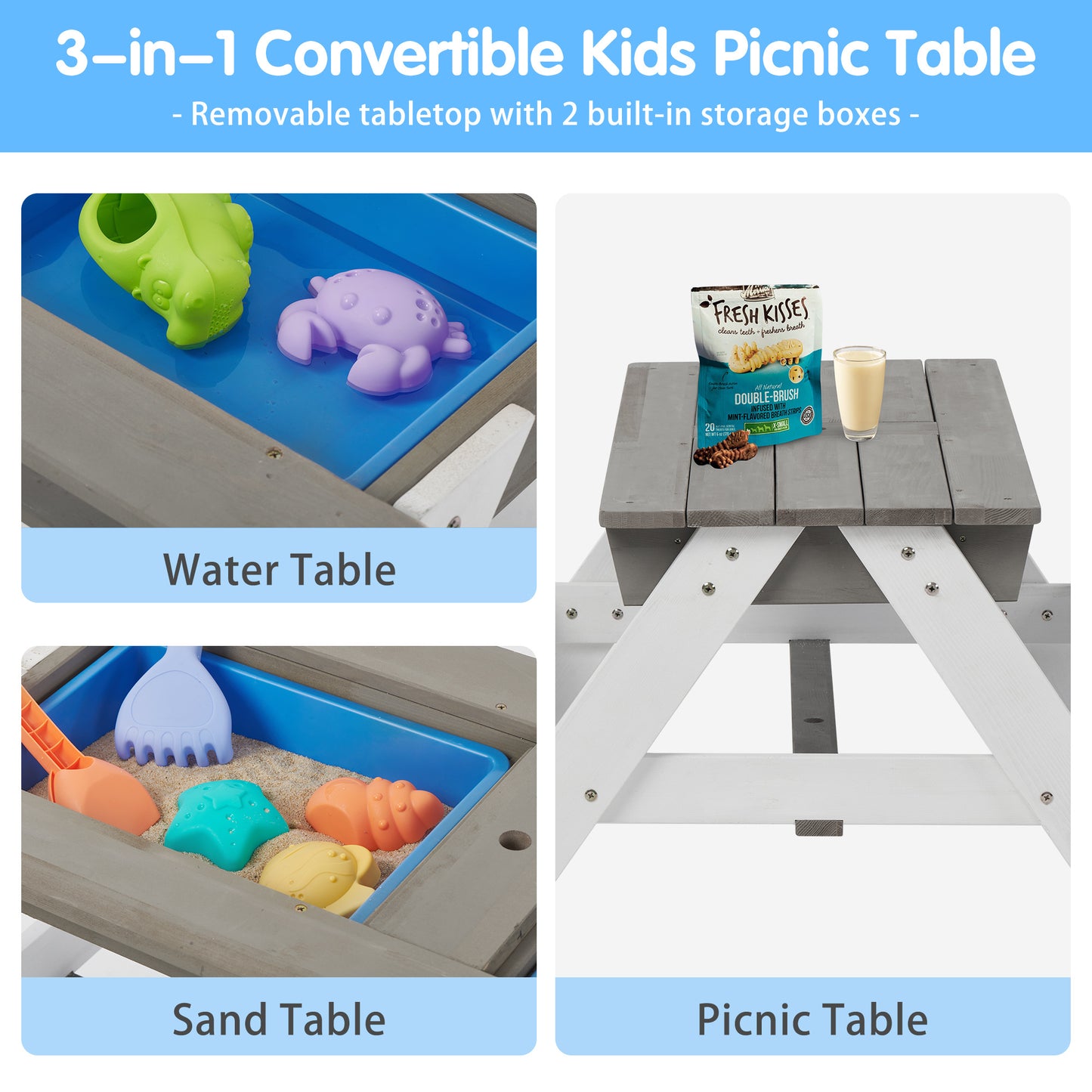 3-in-1 Kids Outdoor Wooden Picnic Table With Umbrella, Convertible Sand & Water Play Area, Gray - ASTM & CPSIA Certified