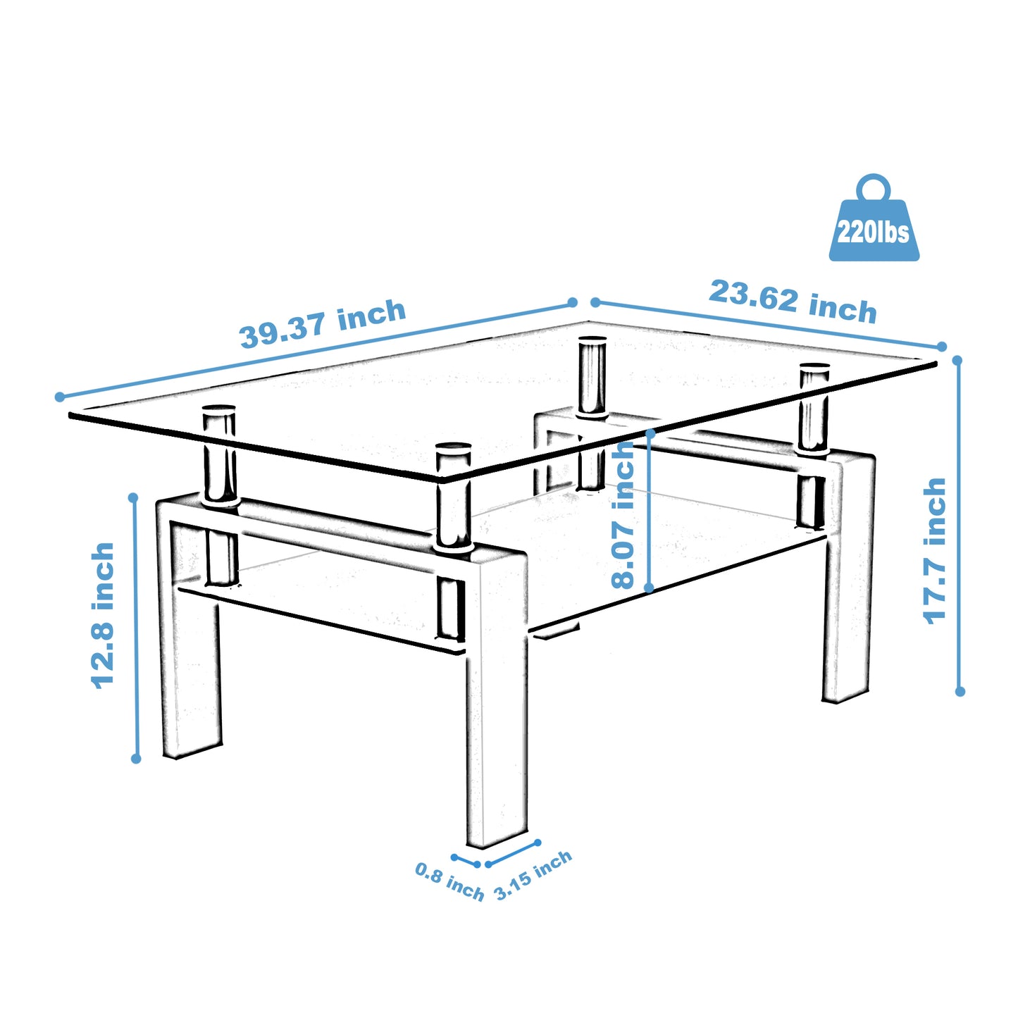 Rectangle Black Glass Coffee Table, Modern Side Center Tables for Living Room, Clear, Living Room Furniture