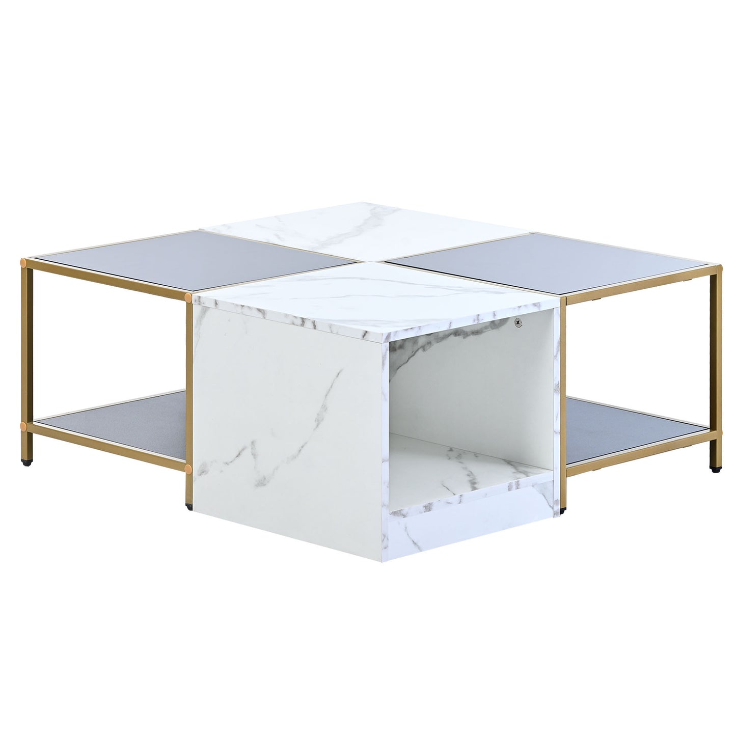 Modern 2-Layer Coffee Table with Metal Frame, High Gloss White Marble Finish | Simply Assemble, Square Corner Tables for Living Room | 31.5”x 31.5”