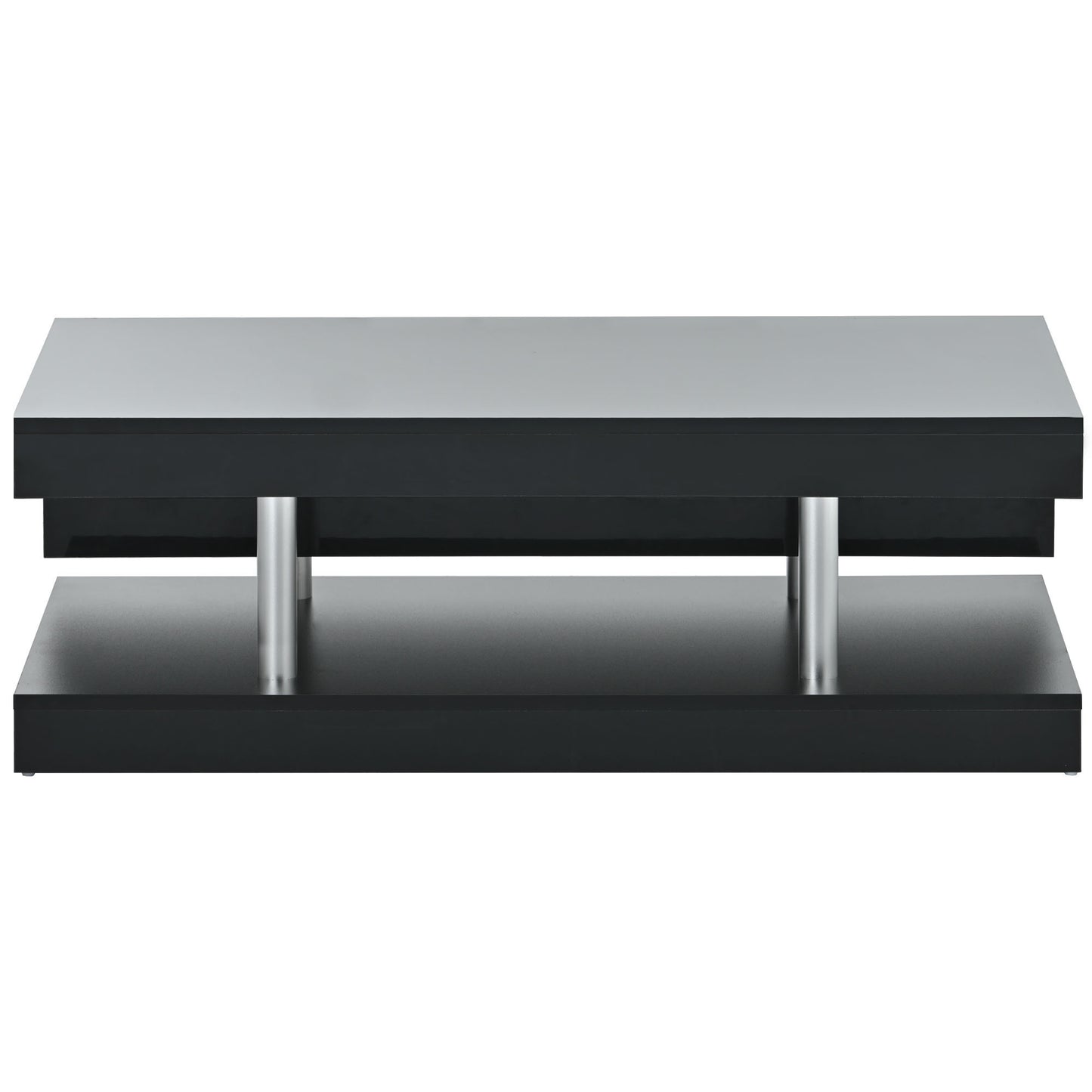 ON-TREND 2-Tier Coffee Table, Silver Metal Legs, High-gloss UV Surface, Minimalist Design, Living Room Center Table, Black Rectangle Cocktail Table