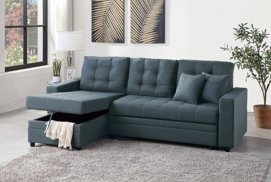 Blue Grey Convertible Sectional Pull Out Bed Sofa Chaise with Reversible Storage Chaise, Polyfiber Tufted Couch Lounge - Available in Various Sizes