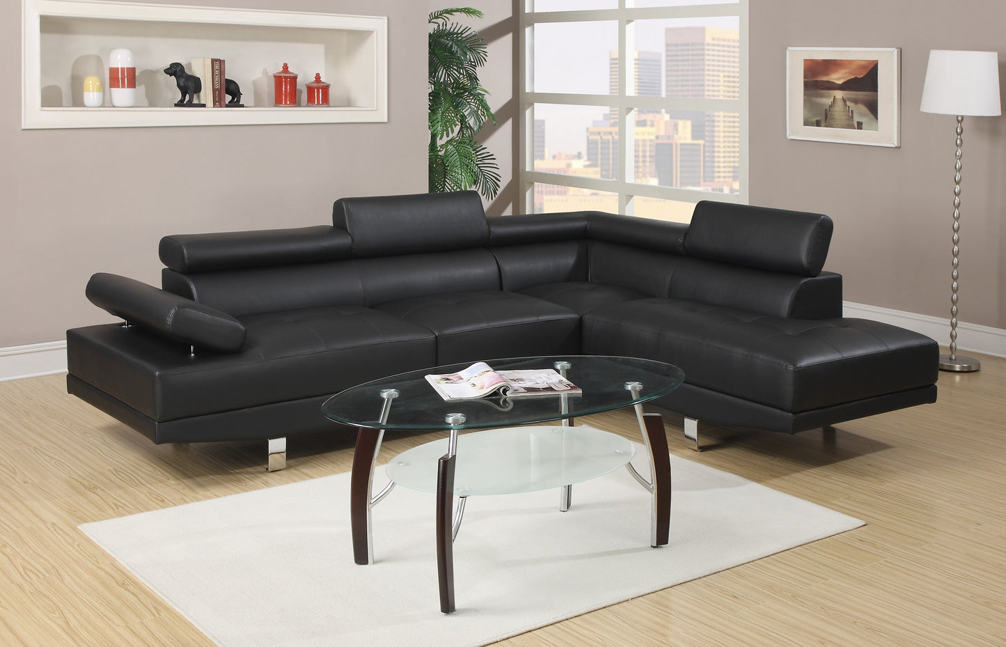 Black Faux Leather Sectional Living Room Furniture with Adjustable Headrest: Right Facing Chaise & Left Facing Sofa