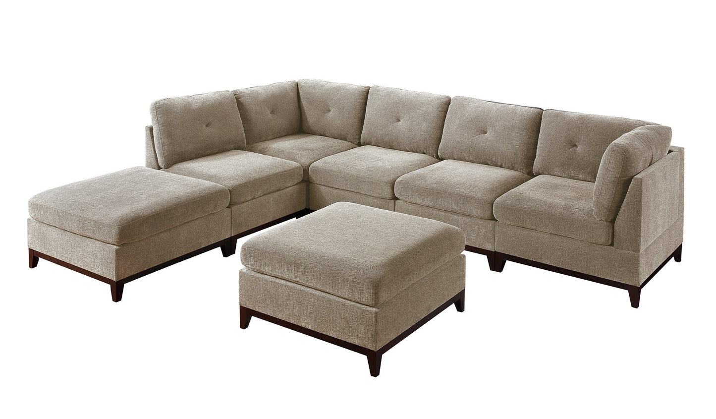 Camel Chenille Fabric Modular Sectional 7pc Set: L-Sectional Couch, Corner Wedge, Armless Chairs, and Ottomans with Tufted Back and Exposed Wooden Base - Living Room Furniture