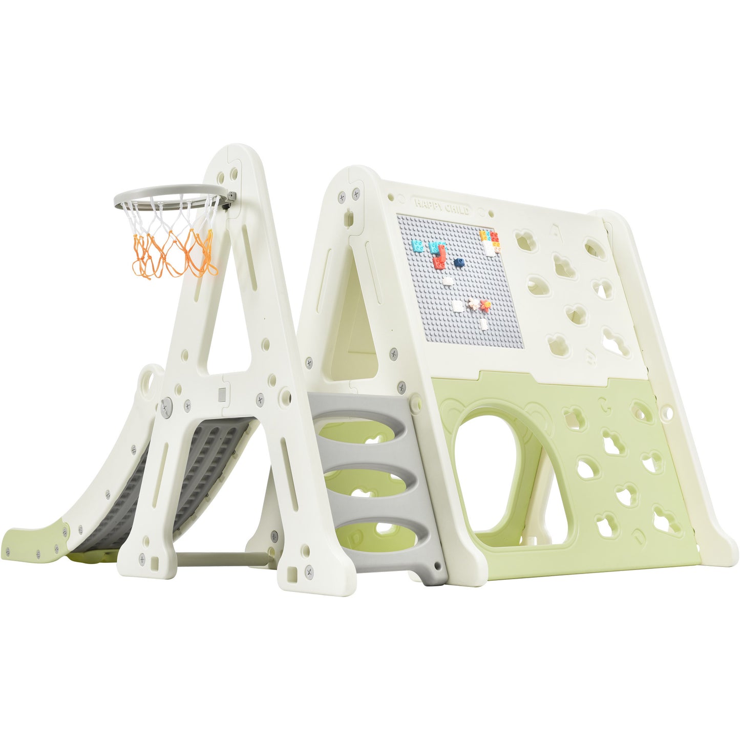 7-in-1 Toddler Climber and Slide Set: Playground Climber Slide Playset with Tunnel, Climber, Whiteboard, Toy Building Block Baseplates, Basketball Hoop Combination for Babies - White, Compact Size