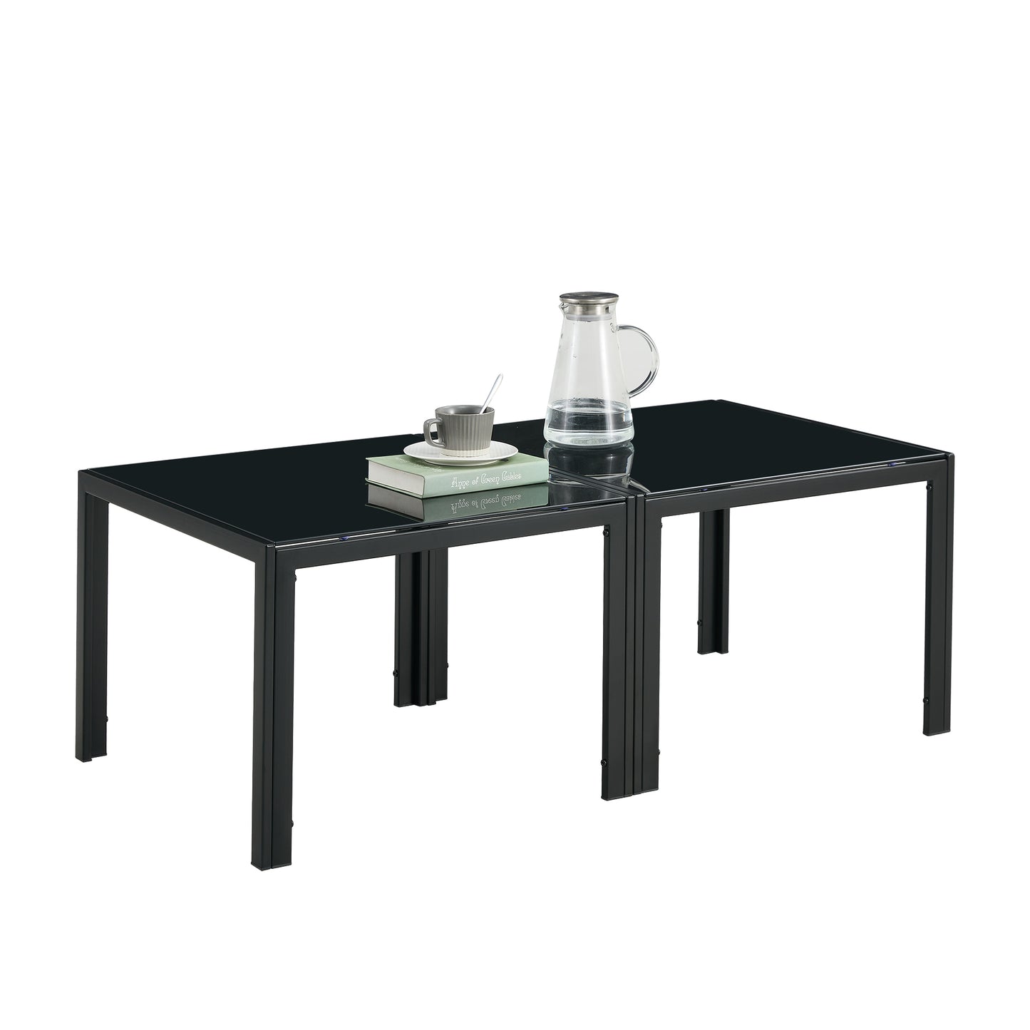 Coffee Table Set of 2, Modern Square Tempered Glass Finish for Living Room, Black