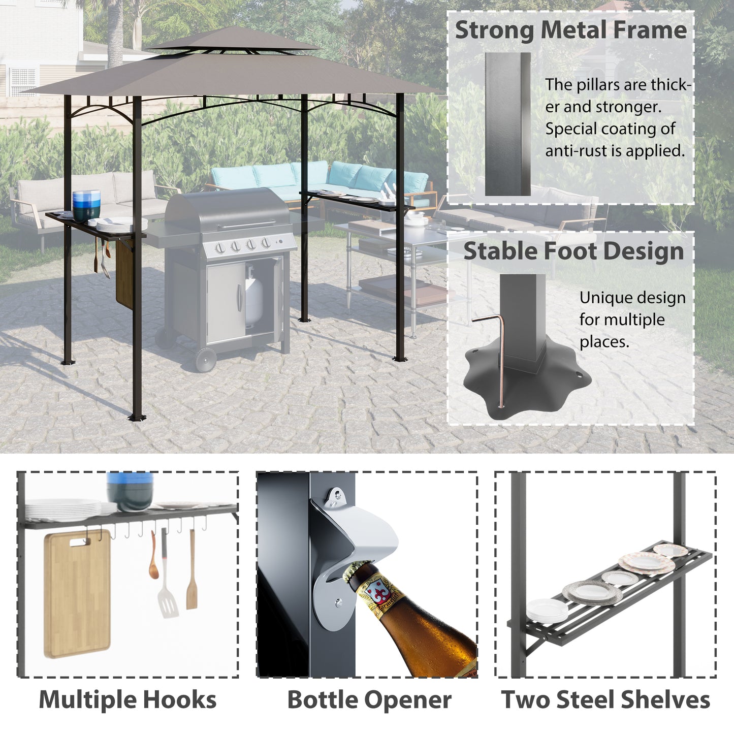 8x 5 FT Grill Gazebo Double Tiered BBQ Canopy, Gray - Outdoor BBQ Canopy for Grilling