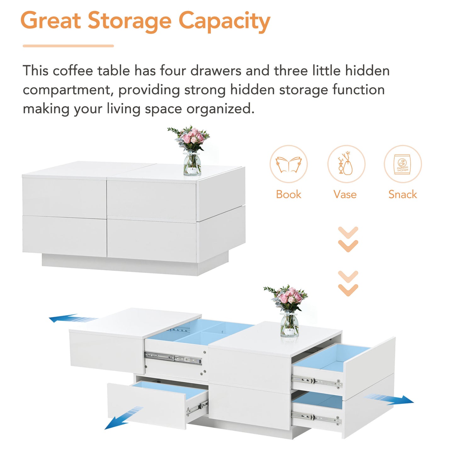 ON-TREND Extendable Coffee Table with 4 Drawers, Hidden Storage, UV High-gloss, Sliding Top - White, 35.4"x 23.6"