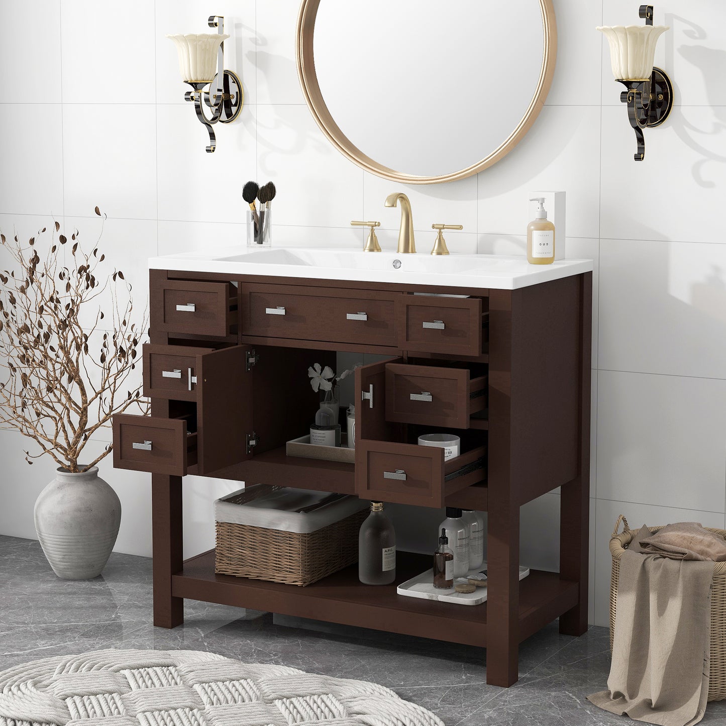 36'' Bathroom Vanity with Top Sink, Modern Storage Cabinet, Soft Closing Doors & 6 Drawers, Brown MDF Material