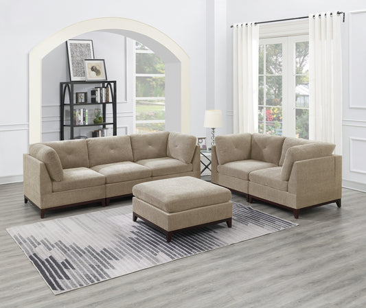 Camel Chenille Fabric Modular Sofa Set - 6pc Living Room Furniture Couch with Tufted Back, Exposed Wooden Base, and Ottoman - Loveseat, 4x Corner Wedge, 1x Armless Chair - Various Sizes and Colors Available