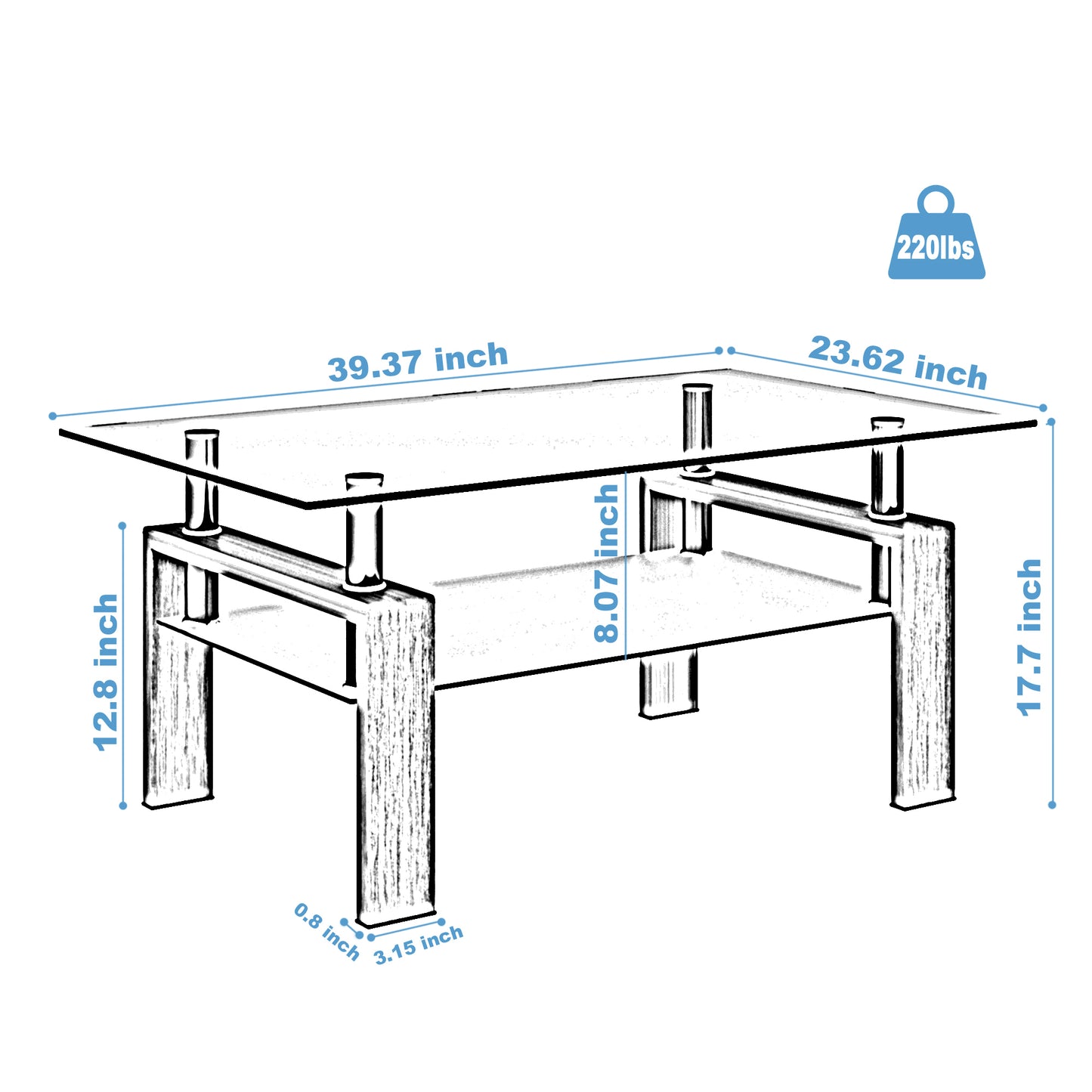 Rectangle Glass Coffee Table - Clear Modern Side Center Tables for Living Room Furniture - Sleek Design, Versatile Size