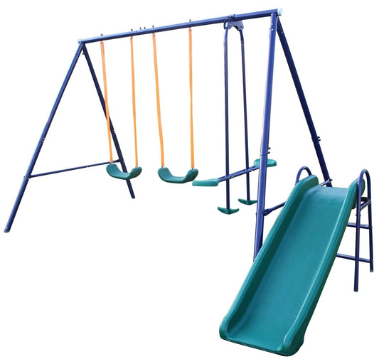 A-Frame Metal Swing Set with Slide: Durable Outdoor Play Equipment for Kids - Blue, Green, Orange Color Options