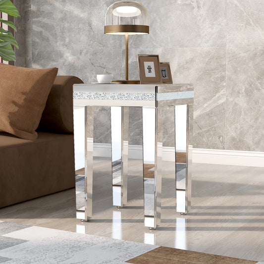 Fashionable Modern Glass Mirrored Side Table, Crystal Design, Adjustable Height Legs, Silver