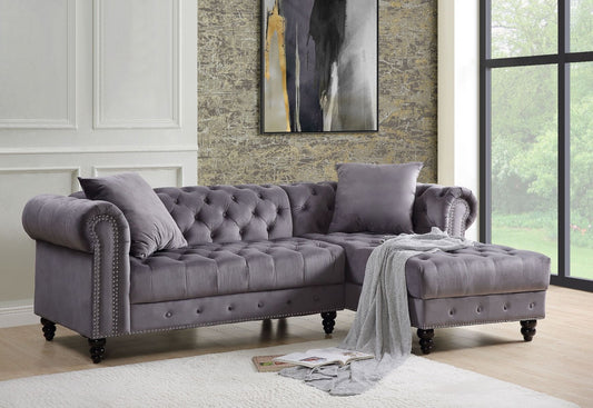 Adnelis Sectional Sofa w/2 Pillows, Gray Velvet - Sleek and Comfortable Seating Solution for Your Living Space