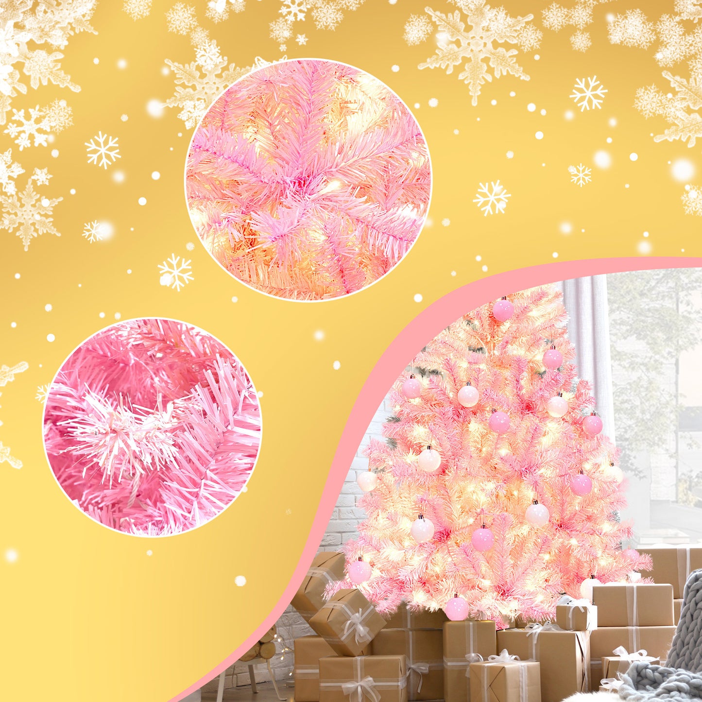 Pre-lit Artificial Christmas 2-Piece Set: 5FT Pink Tree & 6ft Garland - Xmas Decor with Sparkling Lights & Festive Ambience