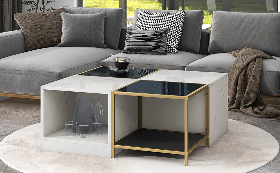 Modern 2-Layer Coffee Table with Metal Frame, High Gloss White Marble Finish | Simply Assemble, Square Corner Tables for Living Room | 31.5”x 31.5”