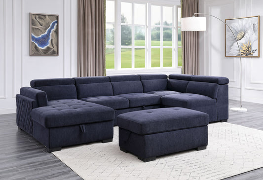 Navy Blue Fabric Sleeper Sectional Sofa and Ottoman: ACME Nekoda Storage, Comfortable, Stylish, Spacious - 55520