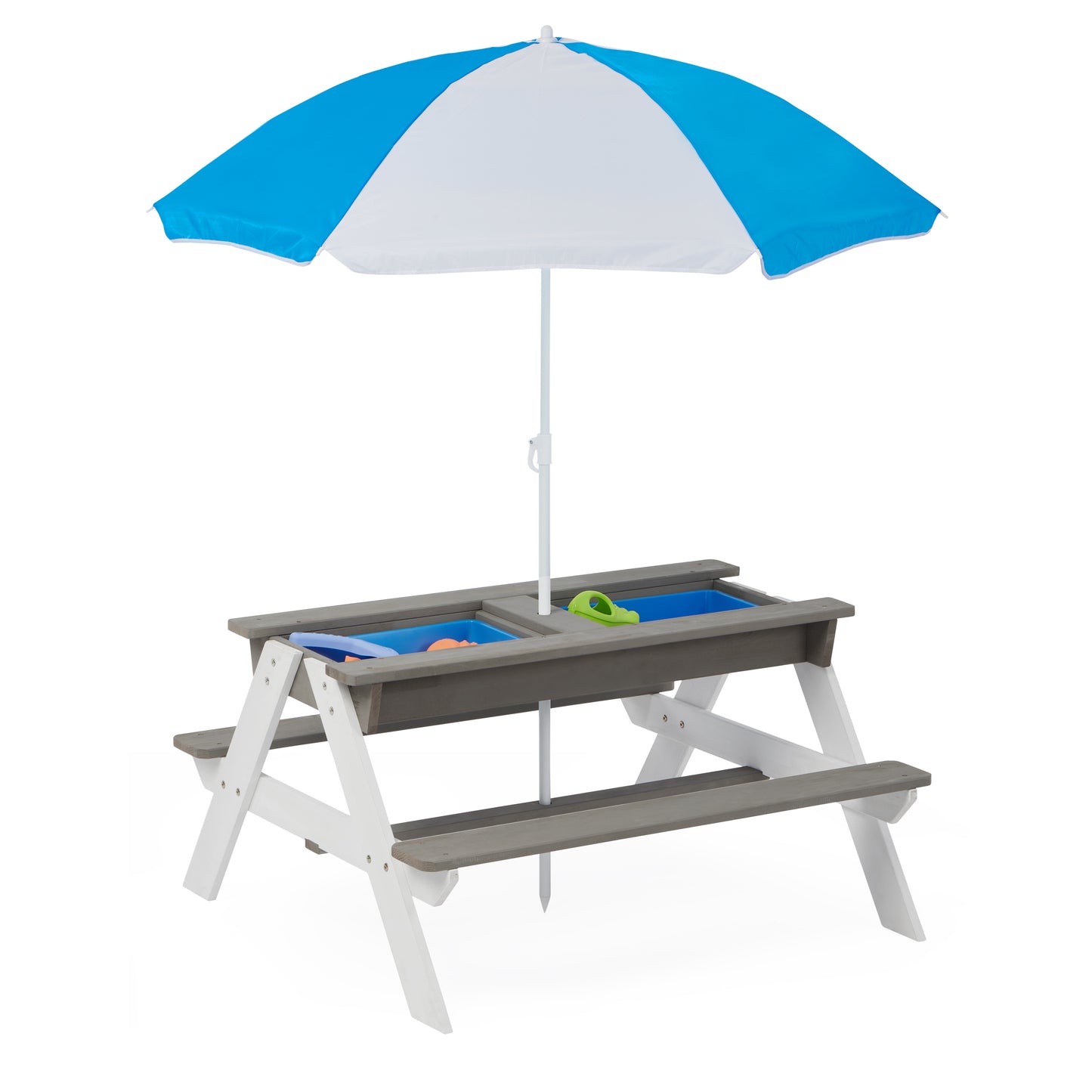 3-in-1 Kids Outdoor Wooden Picnic Table With Umbrella, Convertible Sand & Water Play Area, Gray - ASTM & CPSIA Certified