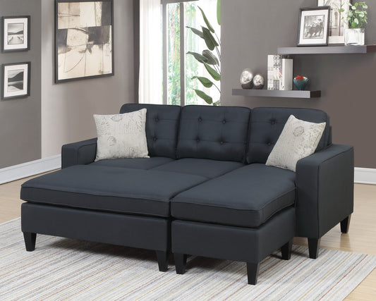 Reversible 3pc Sectional Sofa Set in Black Polyfiber with Tufted Design, Wood Legs, Chaise, Ottoman, Pillows, and Cushion Couch